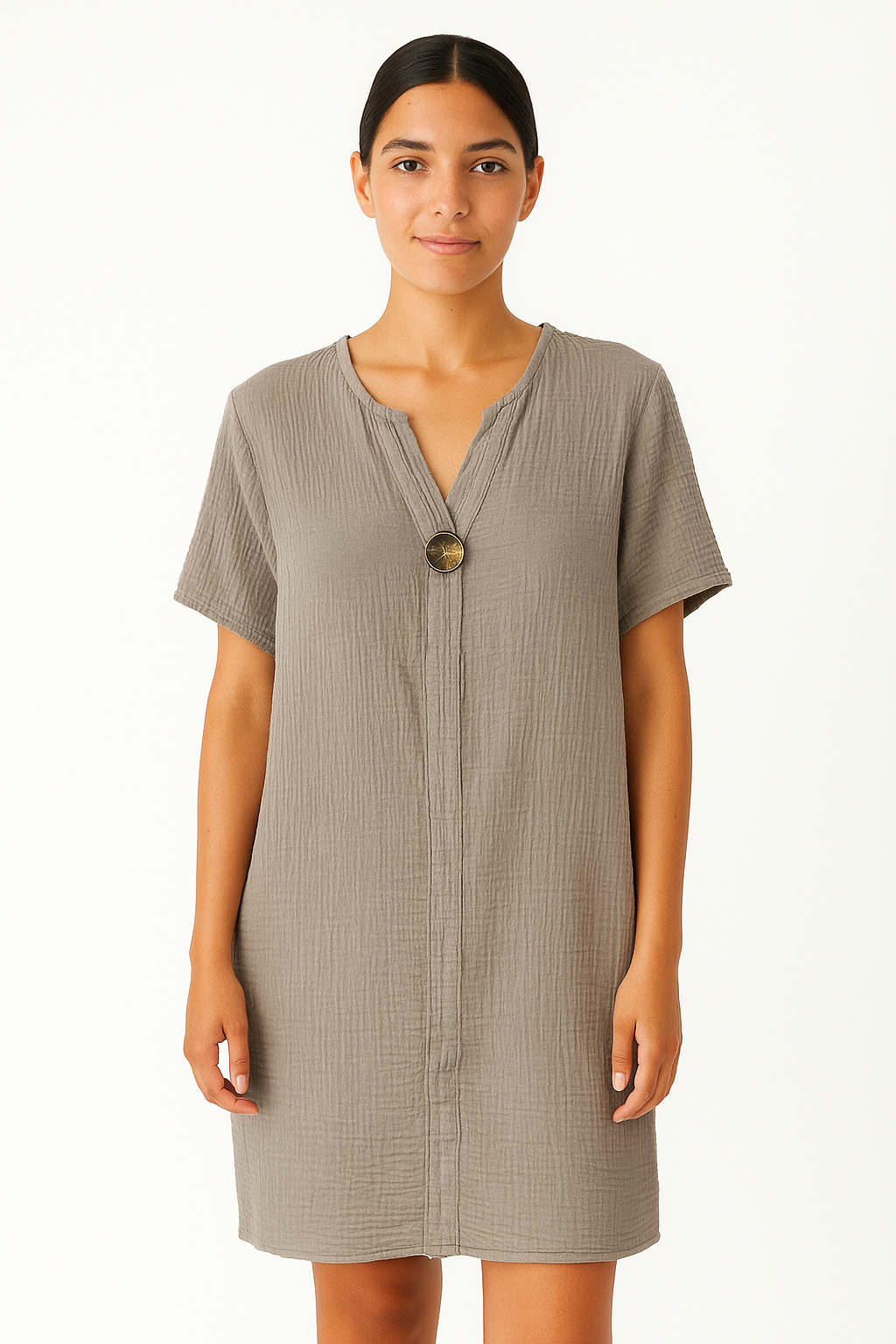Cheesecloth 100% cotton notch neck dress. Taupe