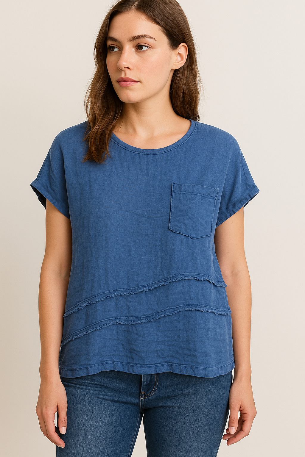 LINEN FRONT COTTON BACK T-SHIRT WITH CHEST POCKET: Denim Blue