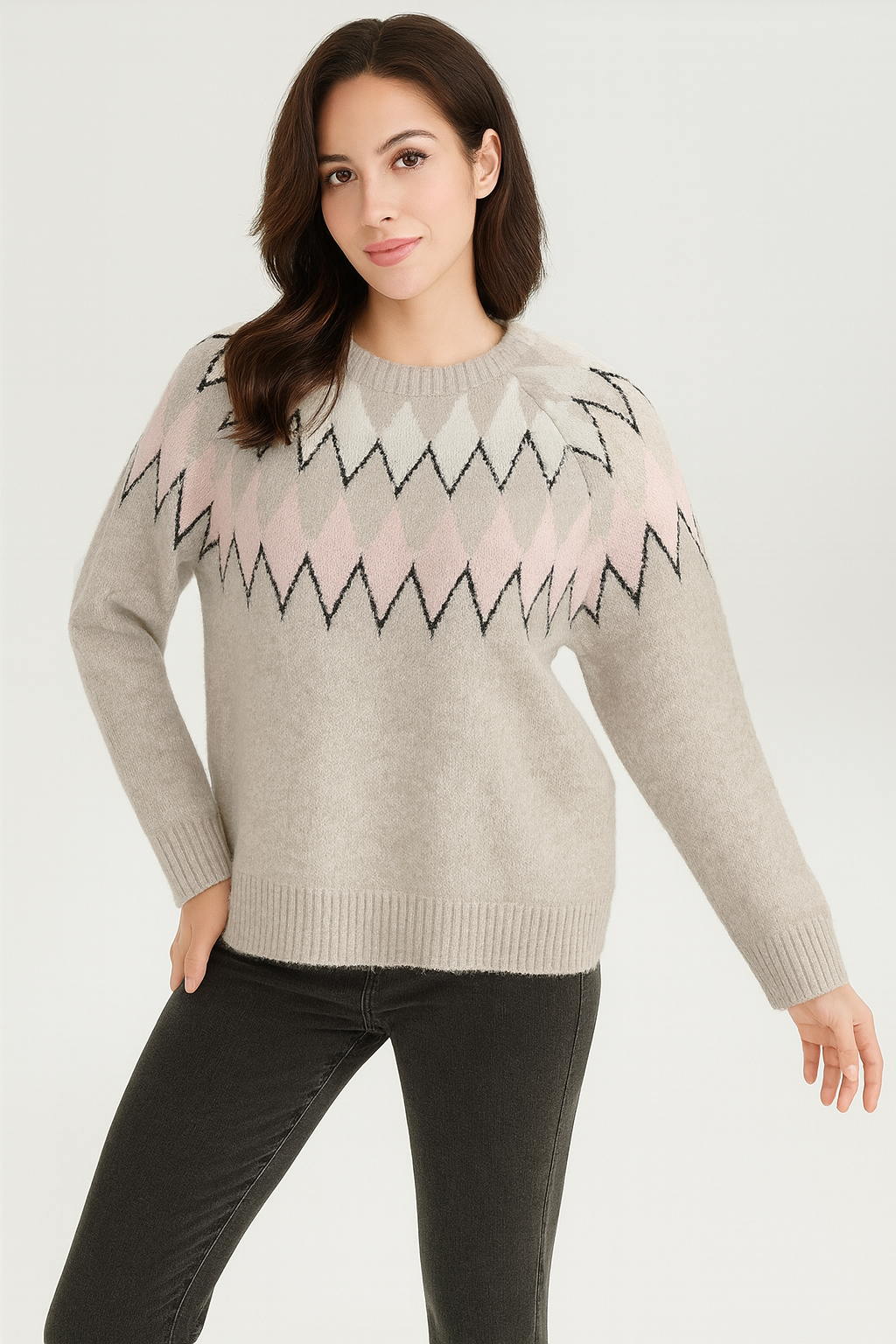 KNITTED JUMPER WITH MULTI COLOURED DIAMOND DETAIL : Taupe