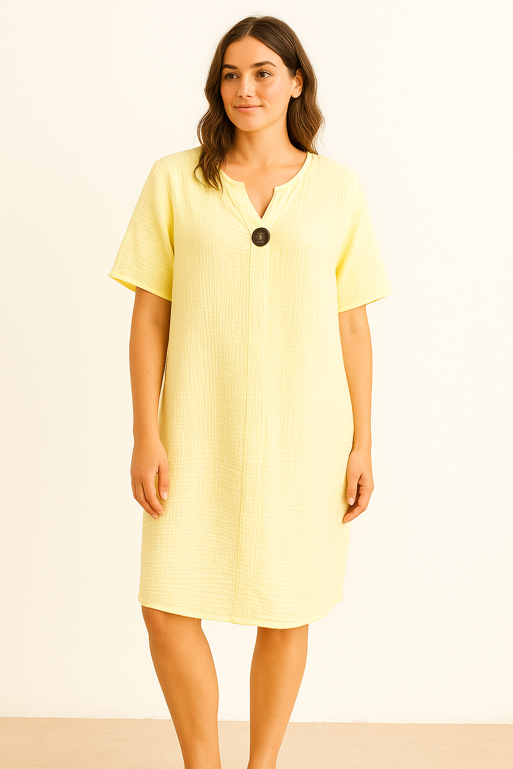 Cheesecloth 100% cotton notch neck dress. Lemon