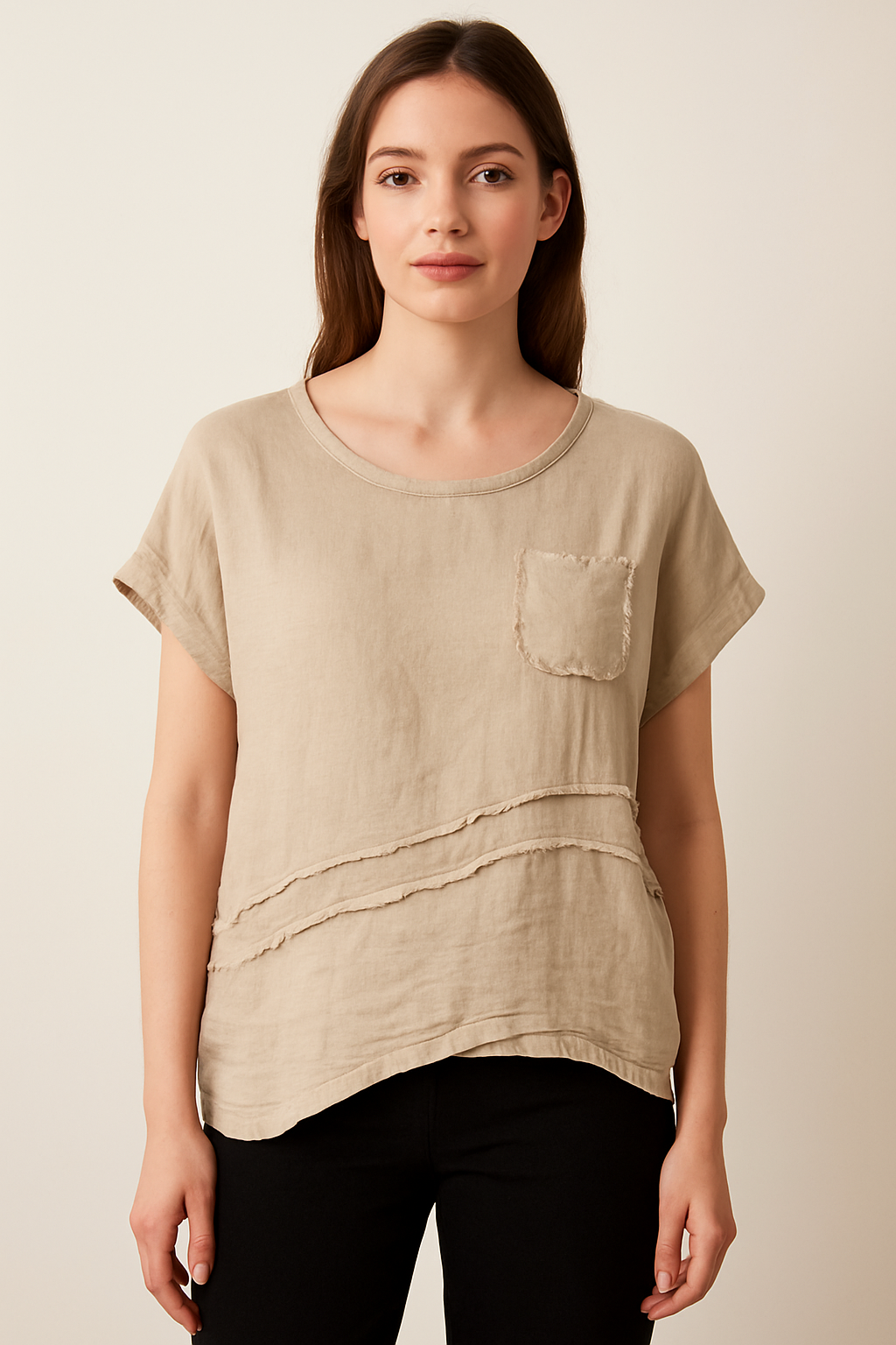 LINEN FRONT COTTON BACK T-SHIRT WITH CHEST POCKET: oatmeal