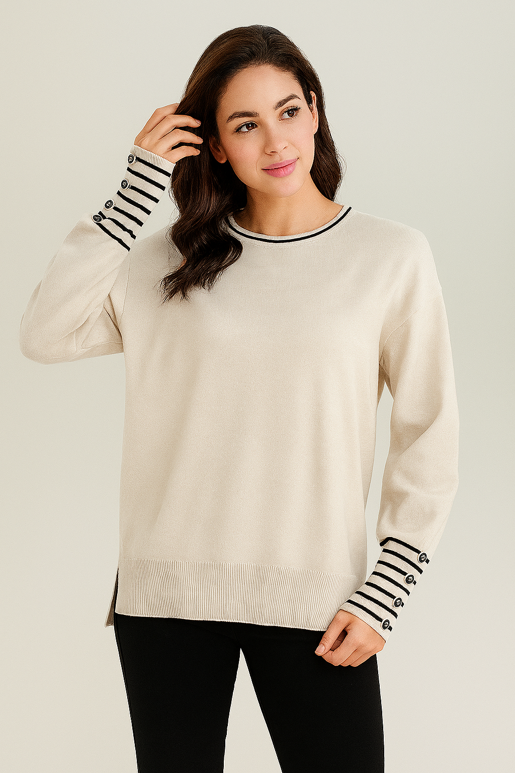 SOFT KNIT JUMPER WITH STRIPED SLEEVE CUFFS cream