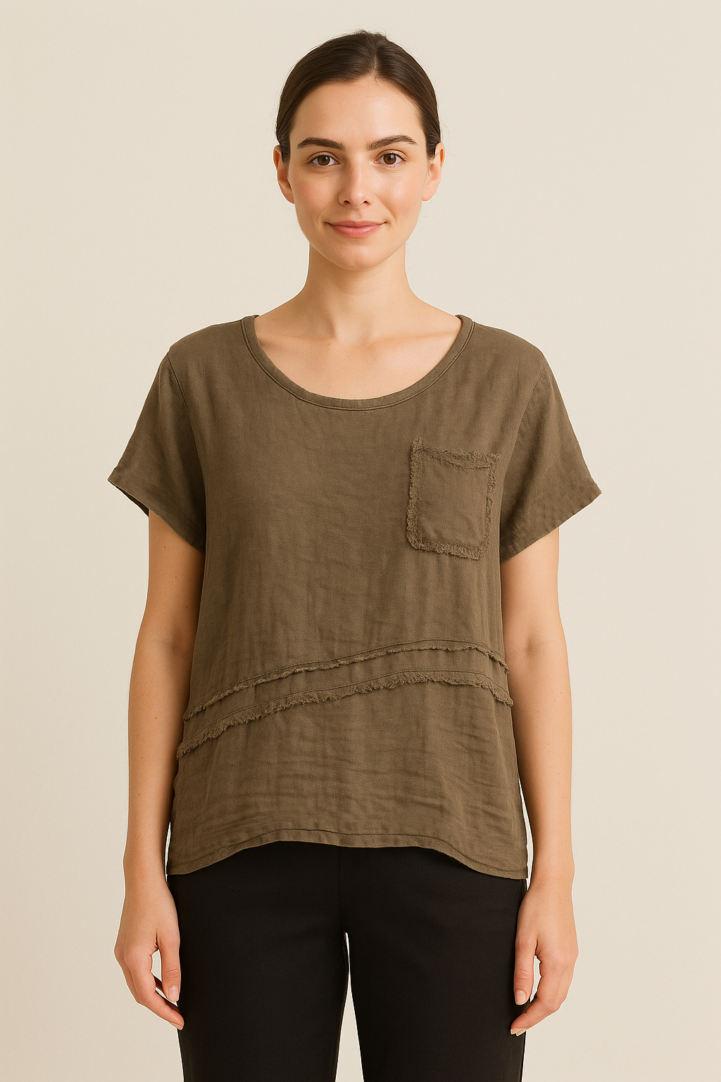 LINEN FRONT COTTON BACK T-SHIRT WITH CHEST POCKET: Taupe