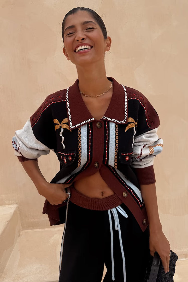 geometric knit cardigan with embroidery detail