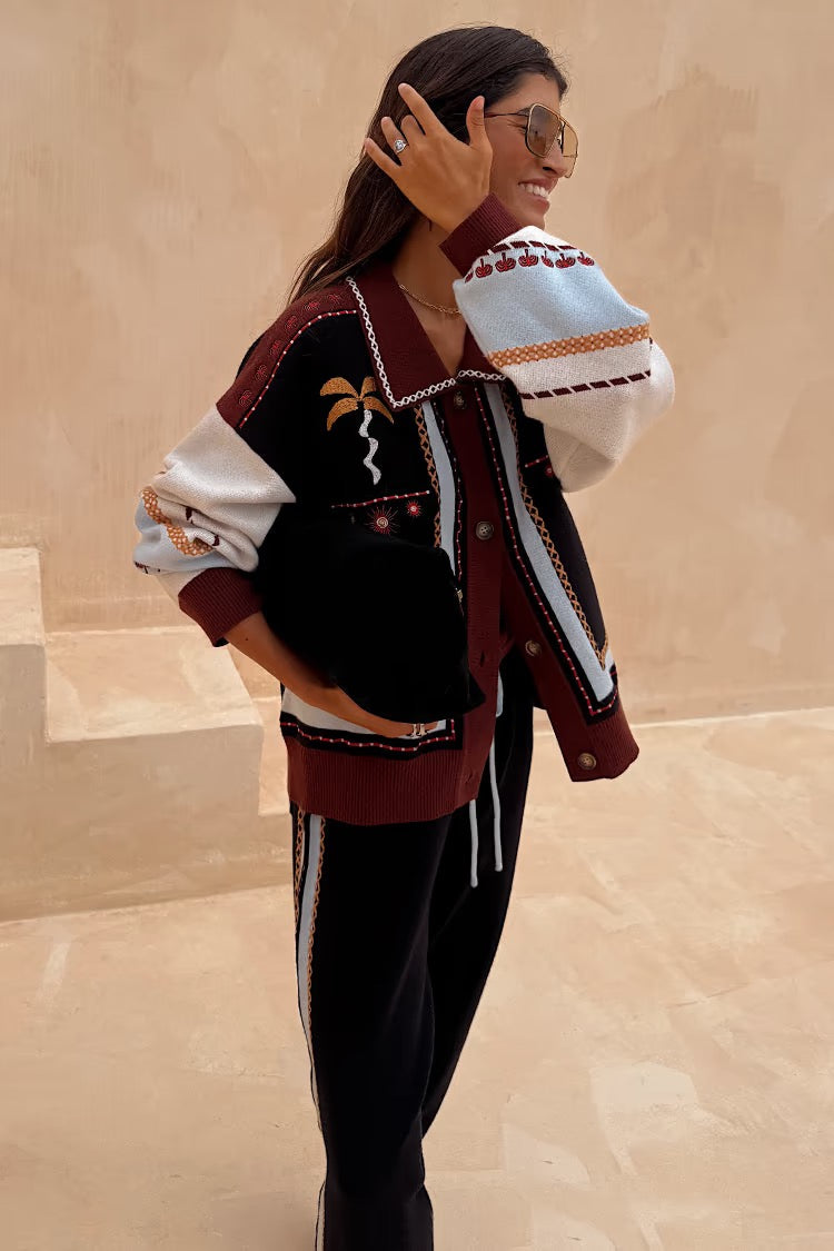geometric knit cardigan with embroidery detail