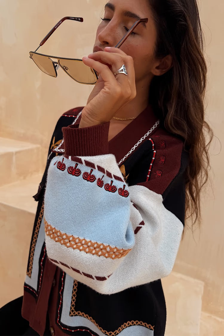 geometric knit cardigan with embroidery detail