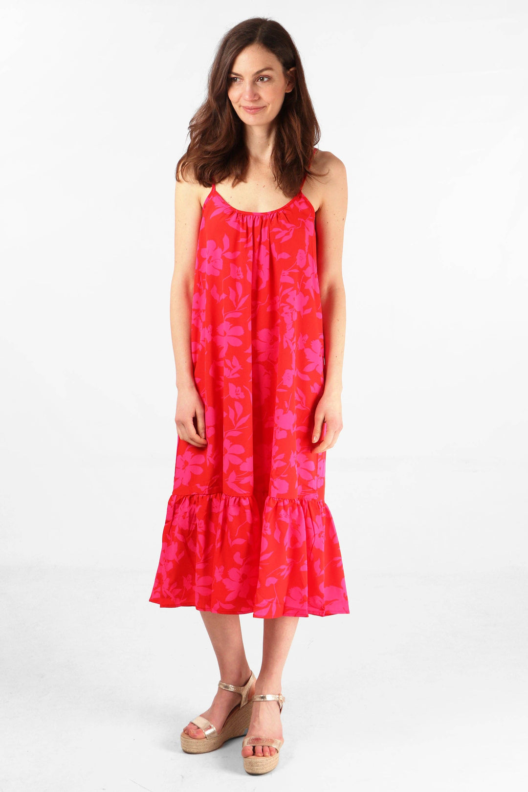Tropical Floral Print Midi Tiered Slip Dress in Red Pink