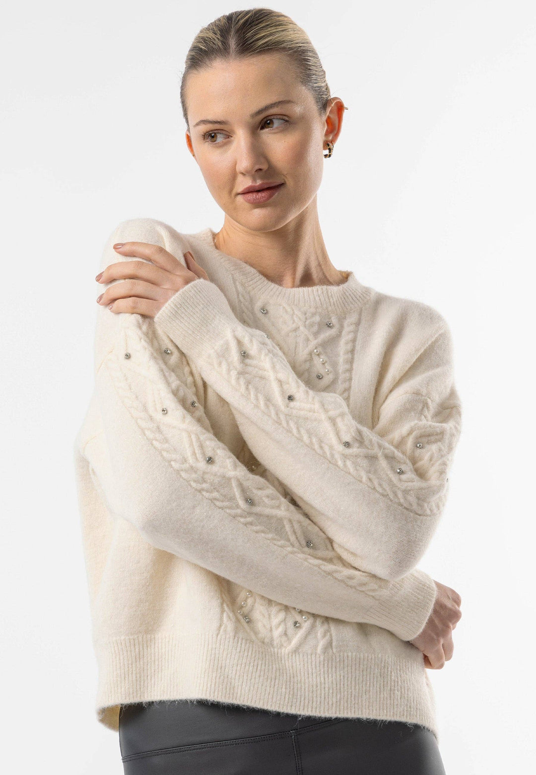 Cable Knit Gem Detail White Jumper: White