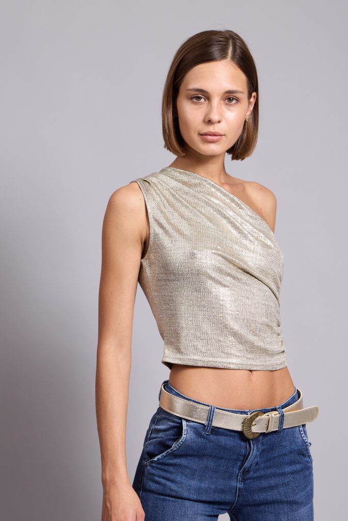 Lana- Metallic one shoulder top in gold