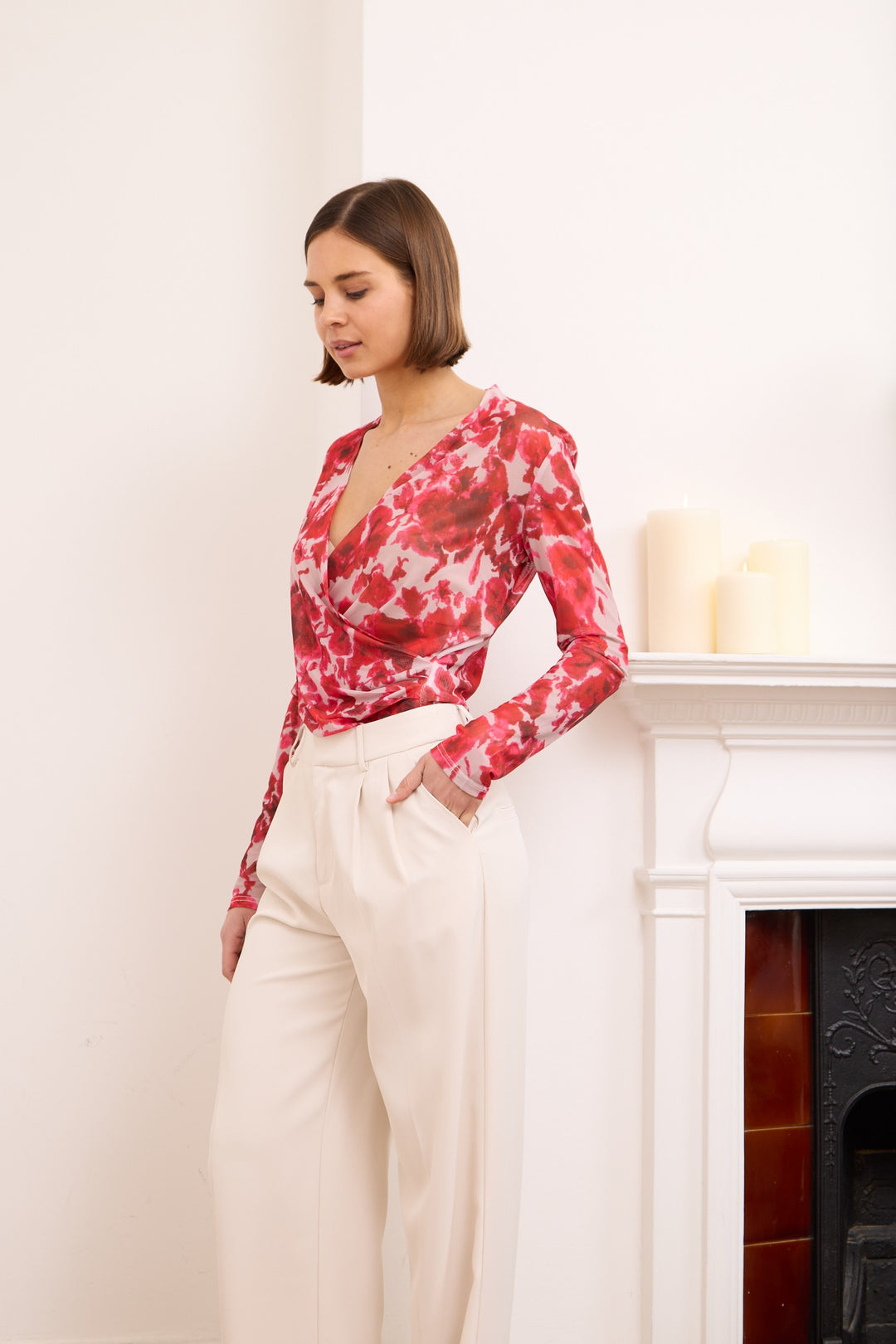 Lindsey- mesh floral wrap top in red