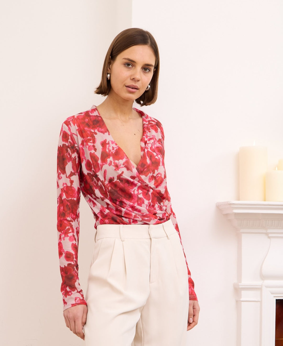 Lindsey- mesh floral wrap top in red