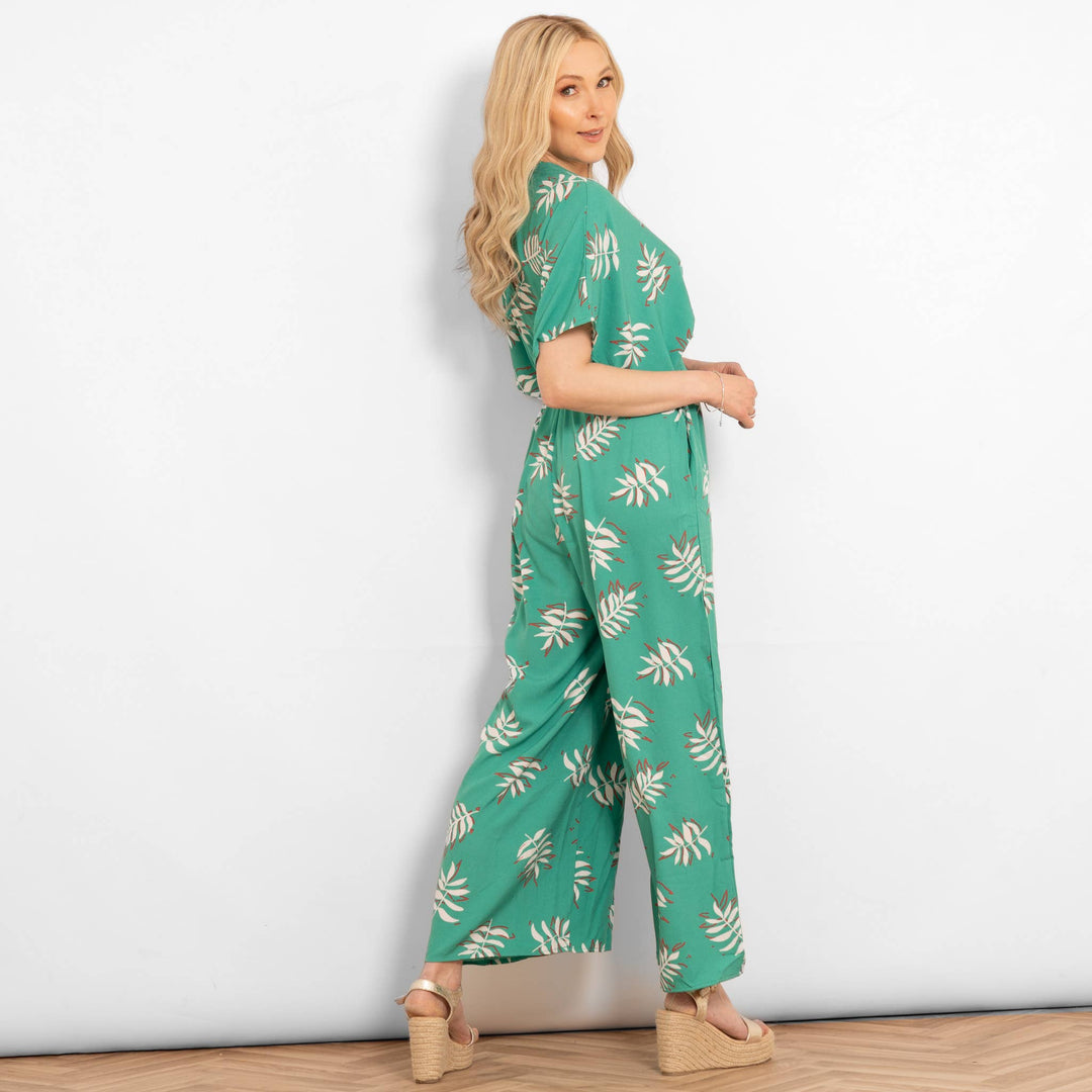 Palm Leaf Print Jumpsuit with Deep V Neckline in Green
