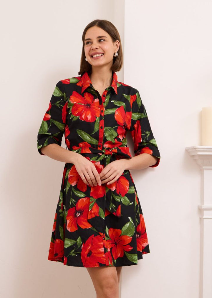 Paige – Cotton Shirt Mini Dress Poppy In Black And Red