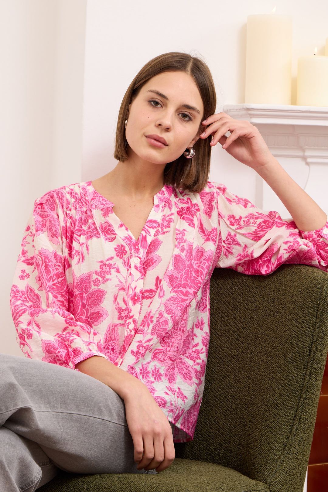 Alyna – Floral Print viscose silk-blend voile blouse in pink