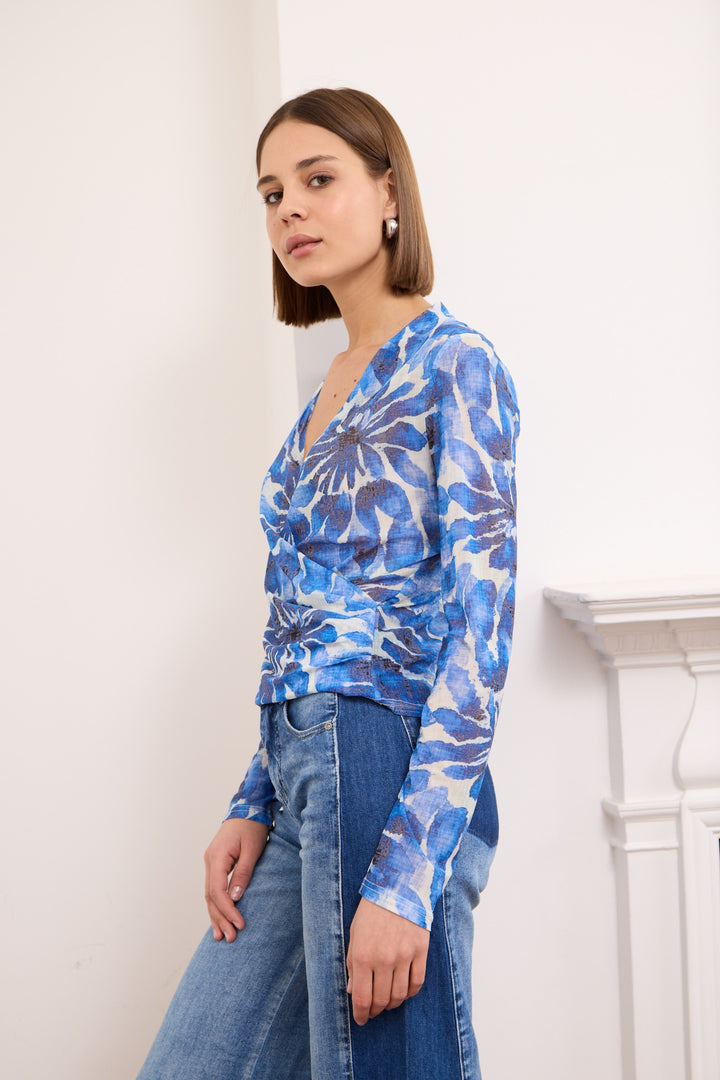 Lindsey- mesh floral wrap top in blue