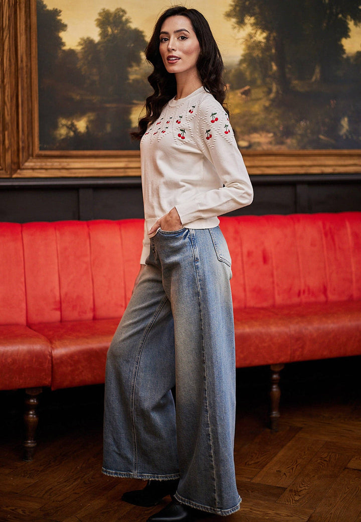 White Jumper With Cherry Embroidered Detail