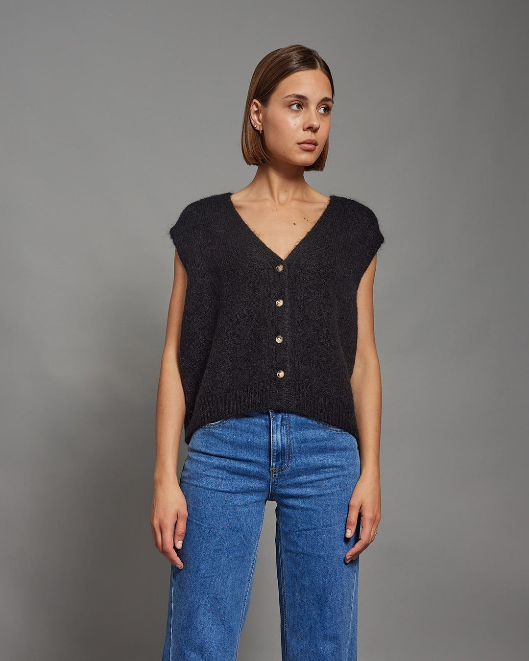 Nicole – Knitted Button Detail Vest In black