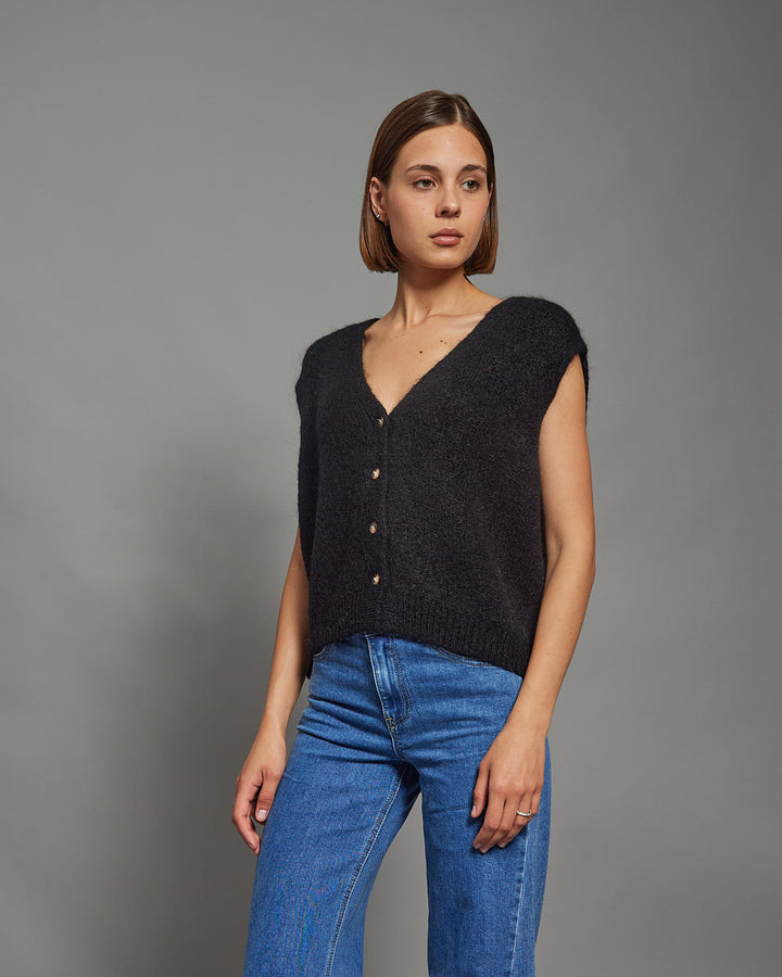 Nicole – Knitted Button Detail Vest In black