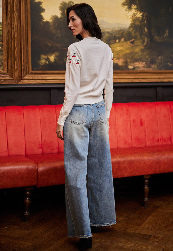 White Jumper With Cherry Embroidered Detail