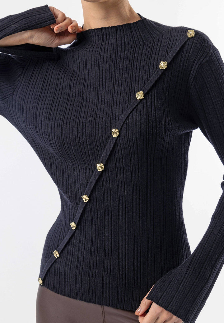 Asymmetric Gold Button Detail Top in Black: Black