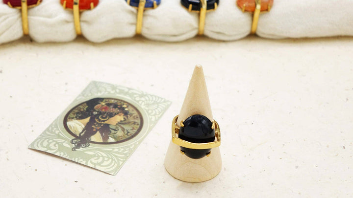 Bold Onyx Stone Ring – Adjustable Gold-Coloured Bronze Band