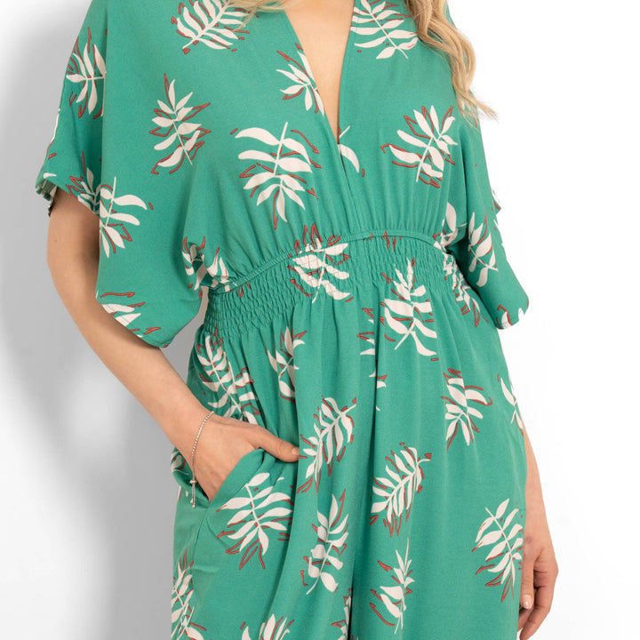 Palm Leaf Print Jumpsuit with Deep V Neckline in Green