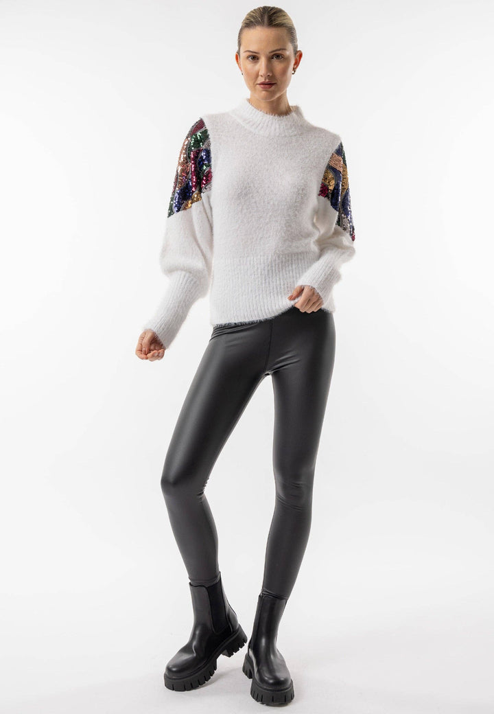 Mock Neck White Knit Jumper with Sequin Shoulder Detail: White