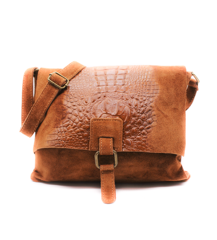 Italian Soft Suede Leather Croc Pattern Cross Body Bag Brown