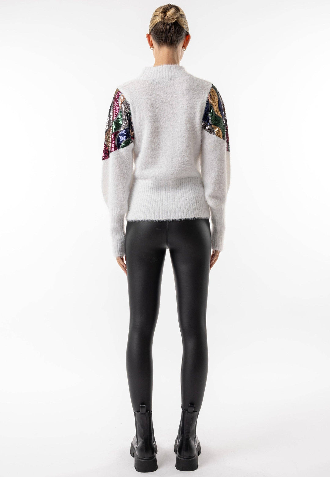 Mock Neck White Knit Jumper with Sequin Shoulder Detail: White