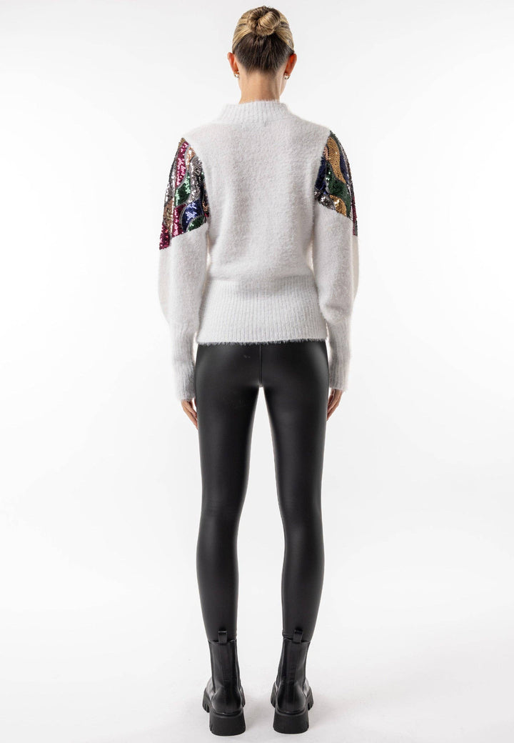 Mock Neck White Knit Jumper with Sequin Shoulder Detail: White