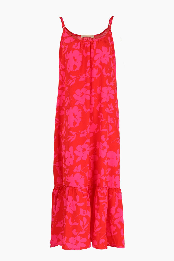 Tropical Floral Print Midi Tiered Slip Dress in Red Pink