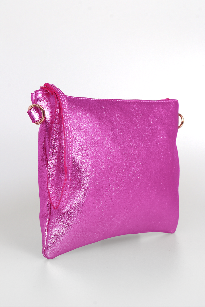 Jenna - Italian Leather Crossbody/Clutch Bag - pink , Metallic