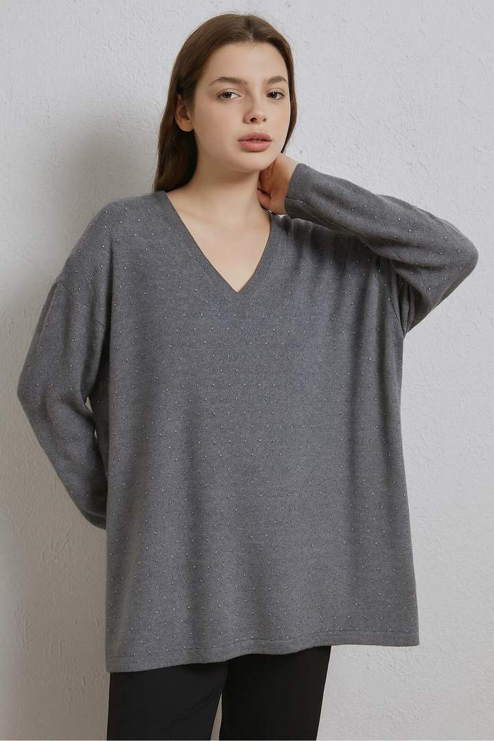 SOFT KNIT V NECK JUMPER WITH CRYSTALS White