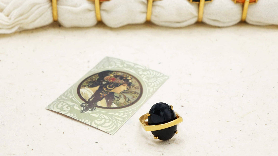 Bold Onyx Stone Ring – Adjustable Gold-Coloured Bronze Band