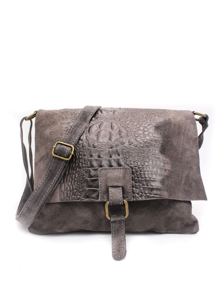 Italian Soft Suede Leather Croc Pattern Cross Body Bag Grey