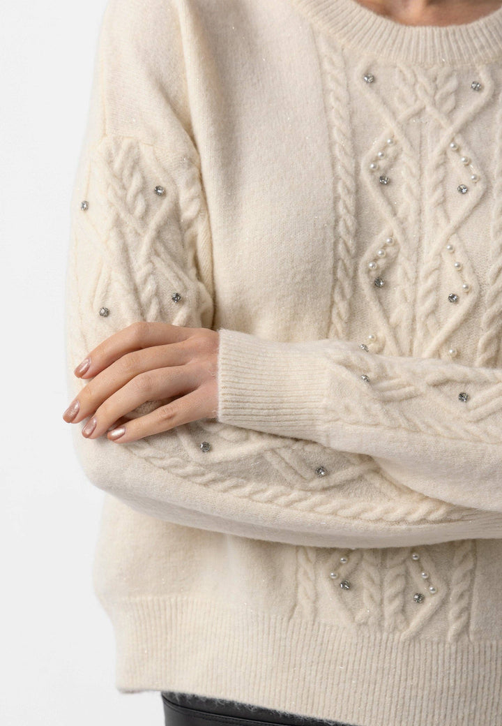 Cable Knit Gem Detail White Jumper: White