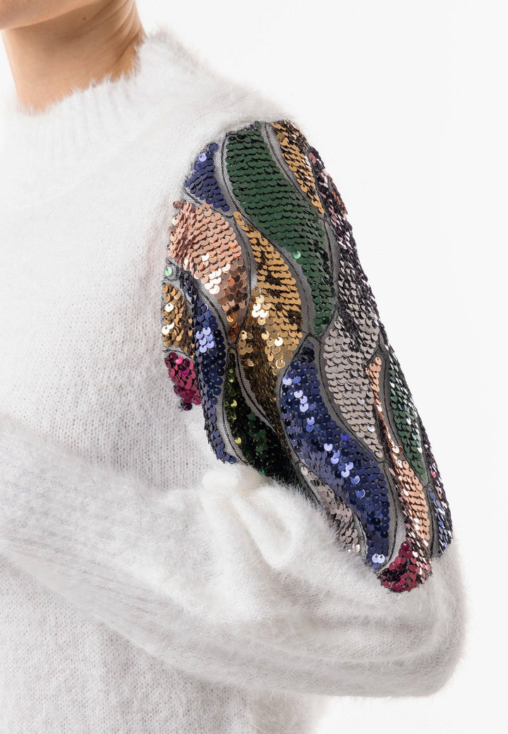 Mock Neck White Knit Jumper with Sequin Shoulder Detail: White