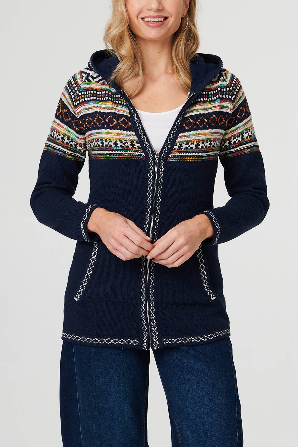 Aztec Print Zip Front Hooded Jumper
: MULTI NAVY