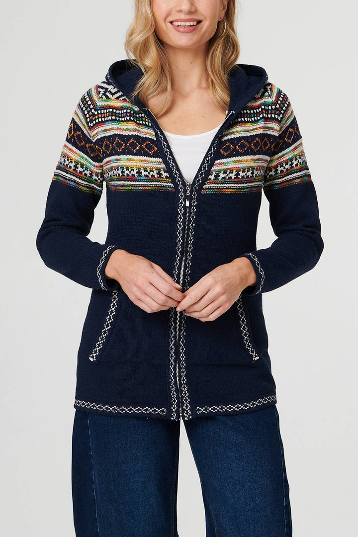 Aztec Print Zip Front Hooded Jumper
: MULTI NAVY