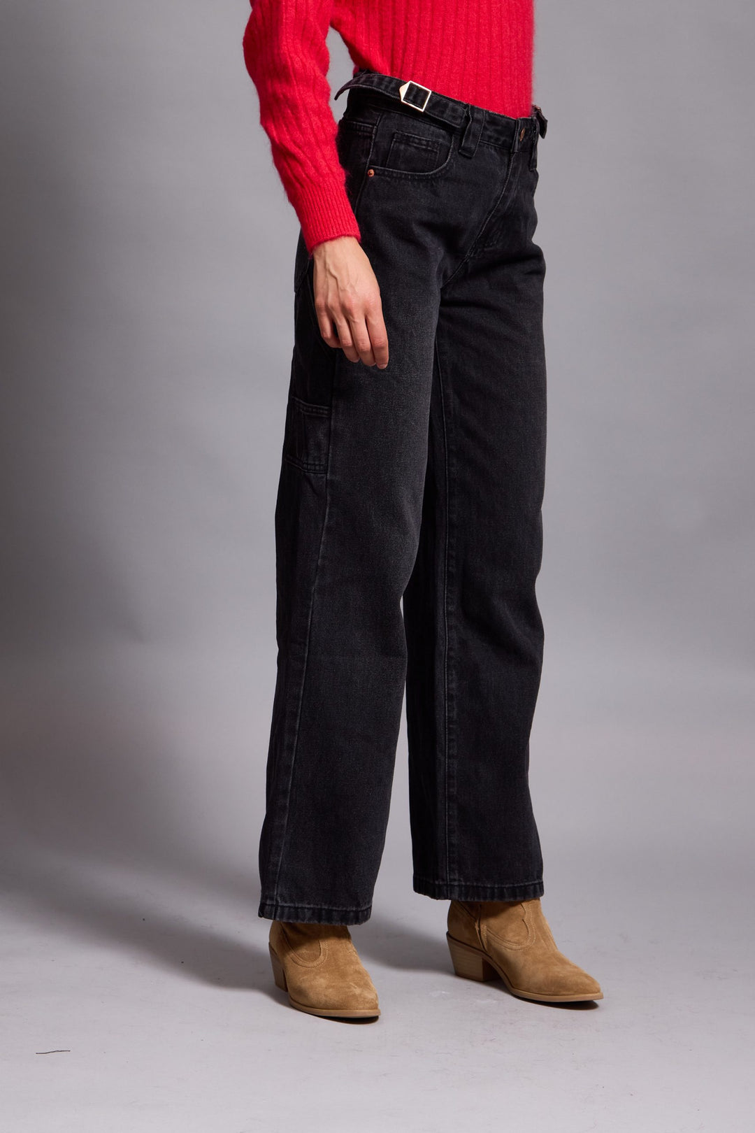 KATIE- STRAIGHT LEG CARGO PANTS IN BLACK DENIM