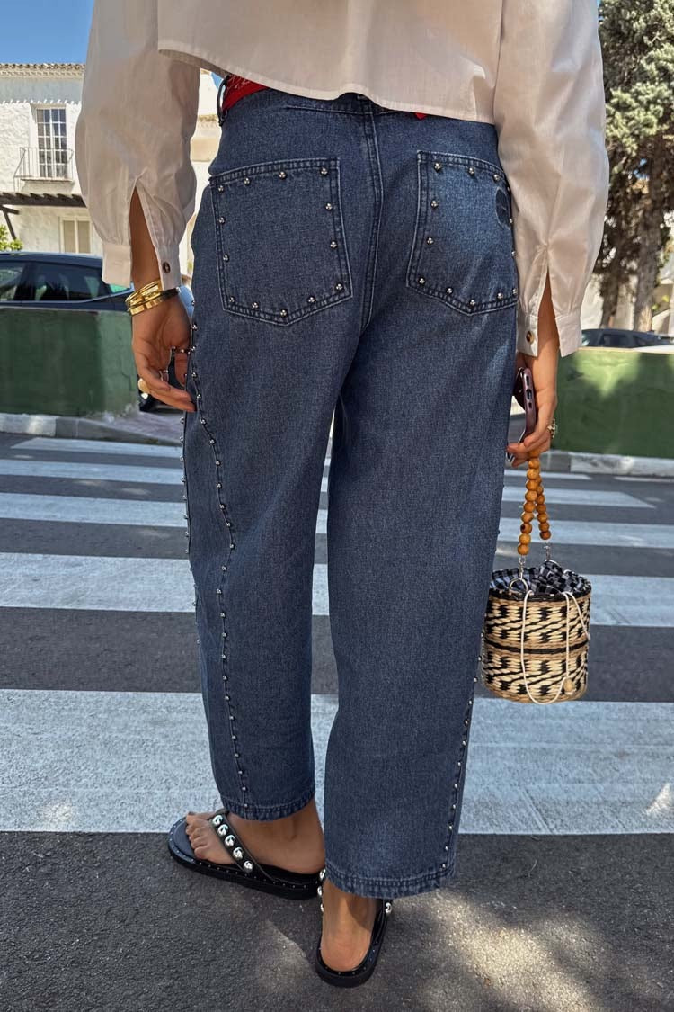 Blue Studded Barrel Jeans