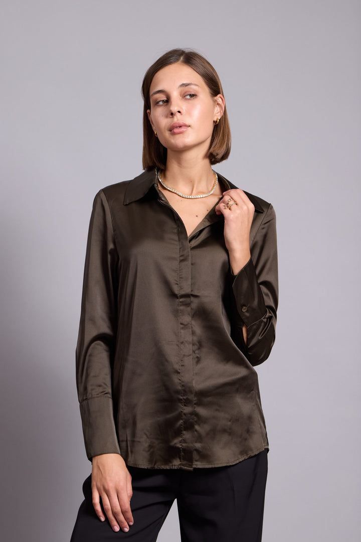 ALEXIS -SATIN SHIRT IN KHAKI