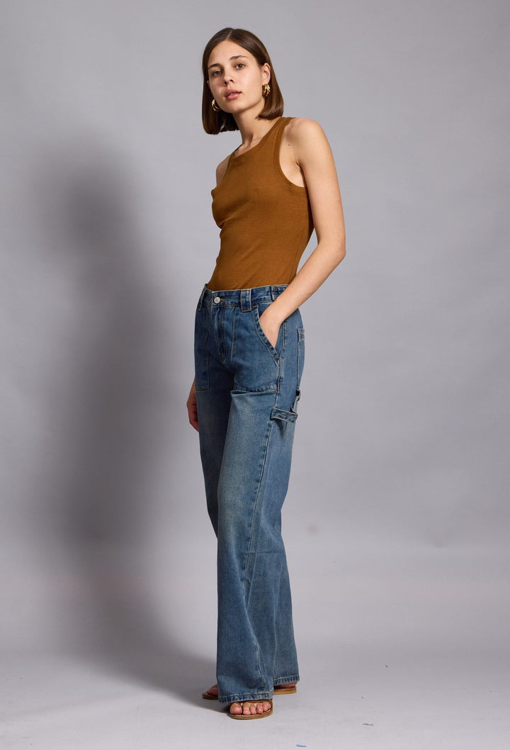 KATIE- STRAIGHT LEG CARGO PANTS IN BLUE DENIM