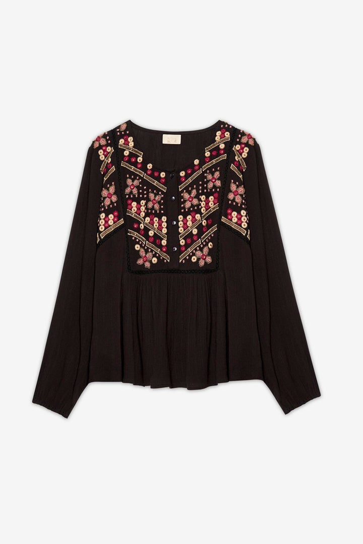 FLORAL EMBROIDERED FLOWY BLOUSE