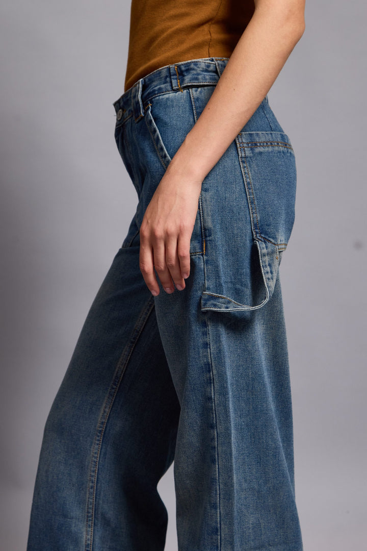 KATIE- STRAIGHT LEG CARGO PANTS IN BLUE DENIM