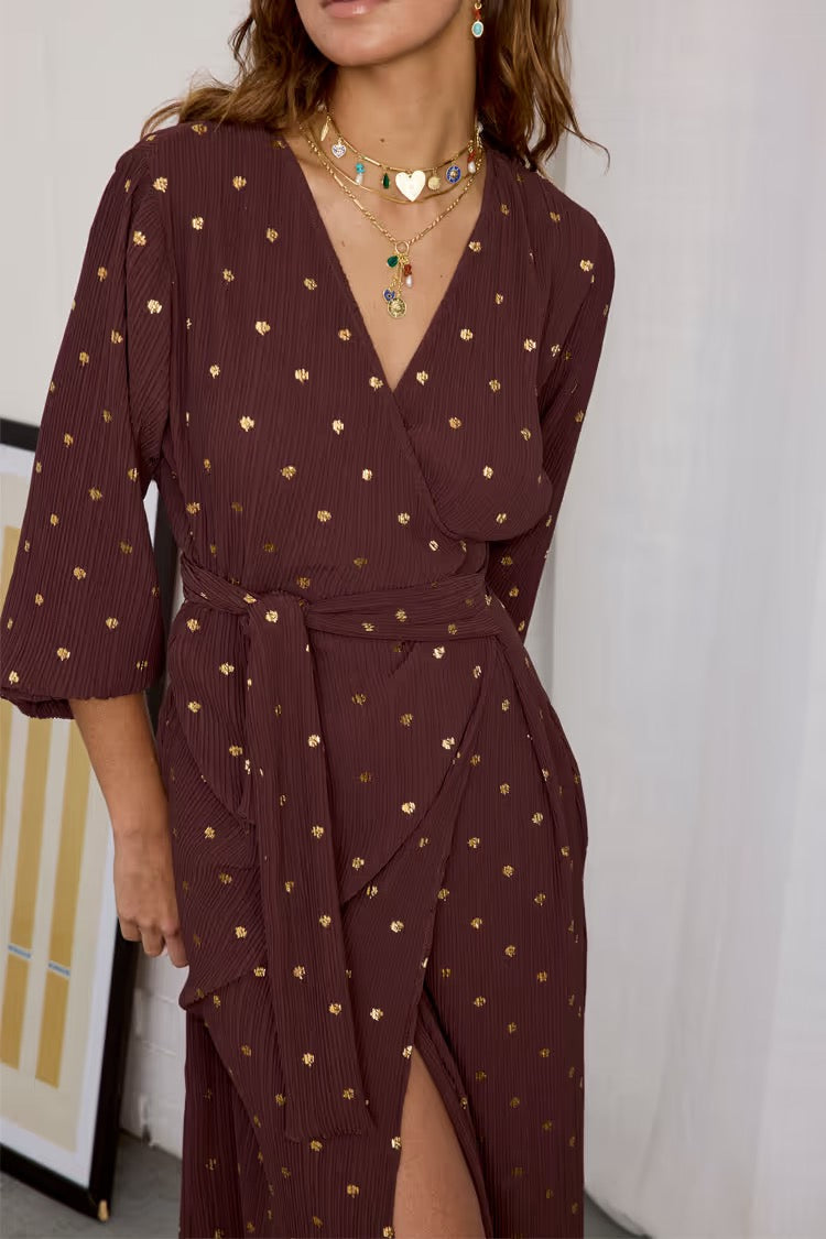 Chocolate Plisse Wrap Dress