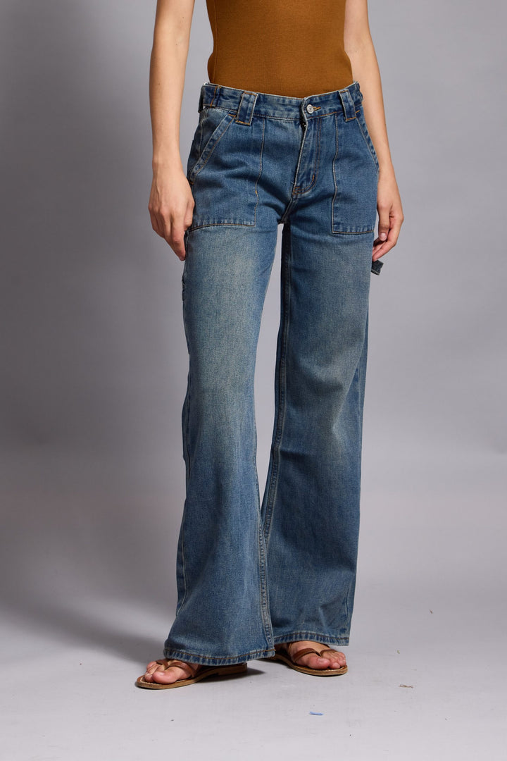 KATIE- STRAIGHT LEG CARGO PANTS IN BLUE DENIM