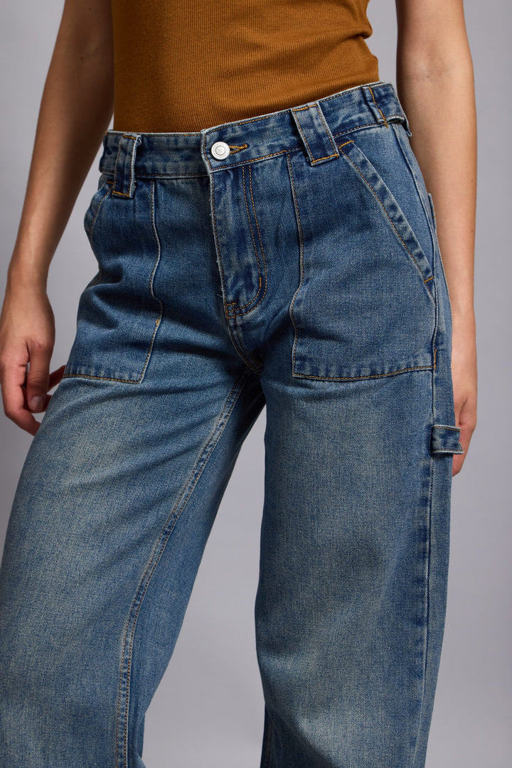 KATIE- STRAIGHT LEG CARGO PANTS IN BLUE DENIM