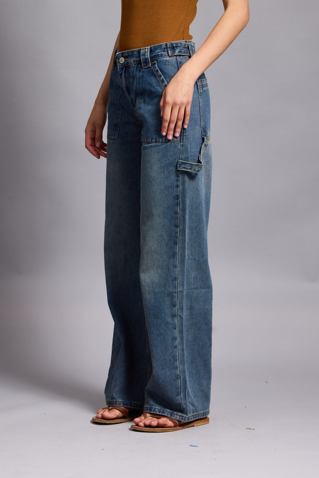 KATIE- STRAIGHT LEG CARGO PANTS IN BLUE DENIM