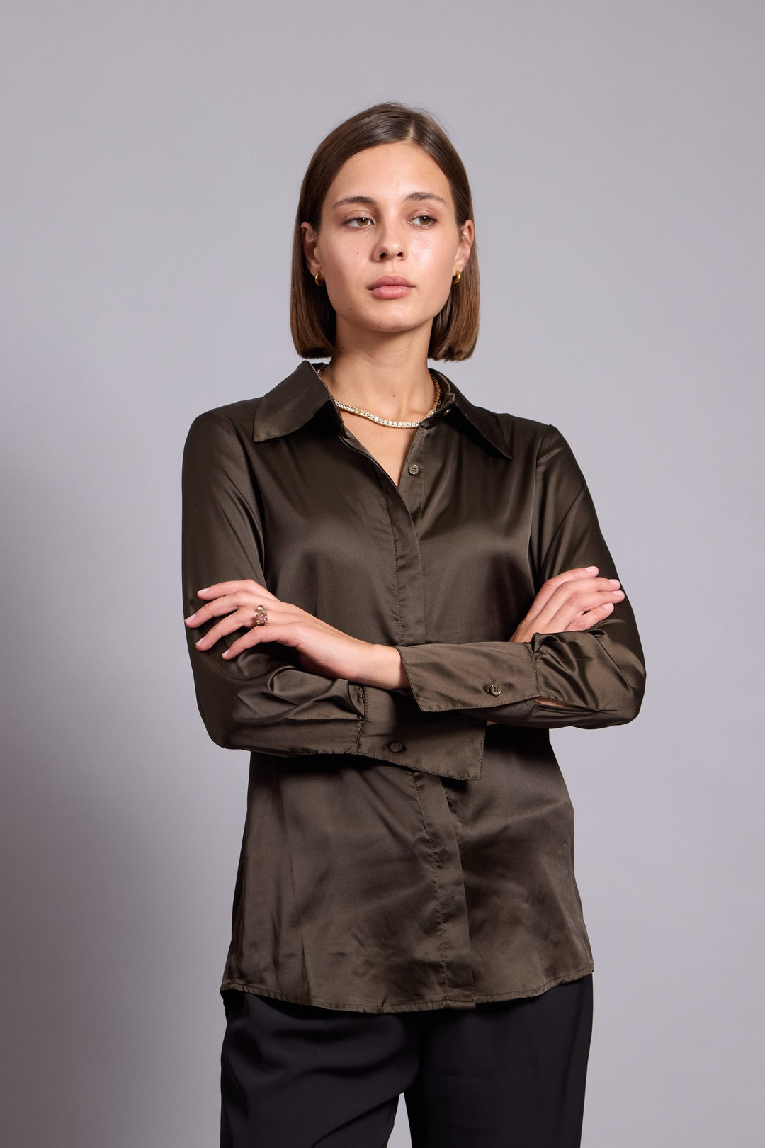 ALEXIS -SATIN SHIRT IN KHAKI